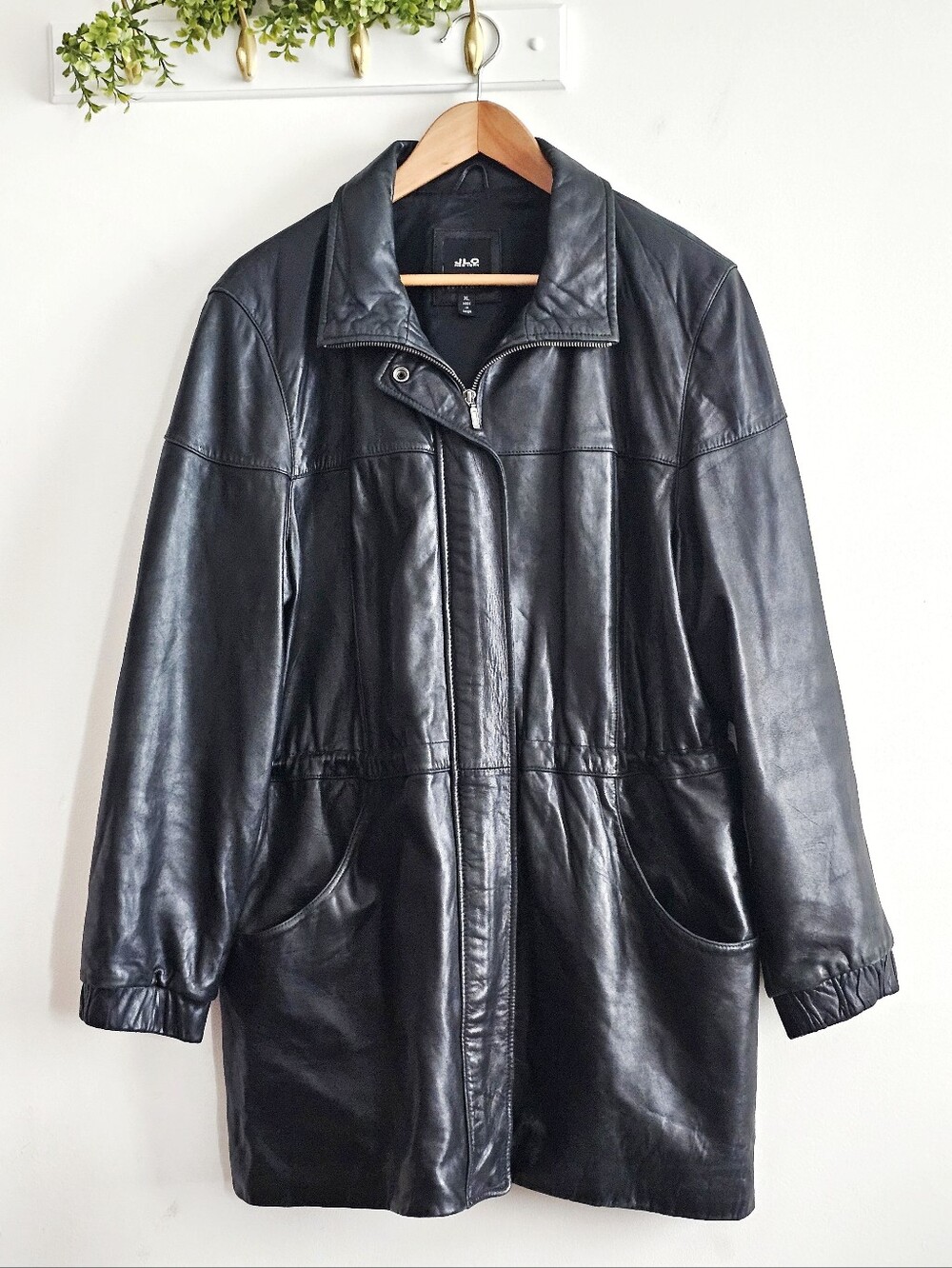 JLC New York Black Genuine Leather Long Jacket Coat XL Vintage Style